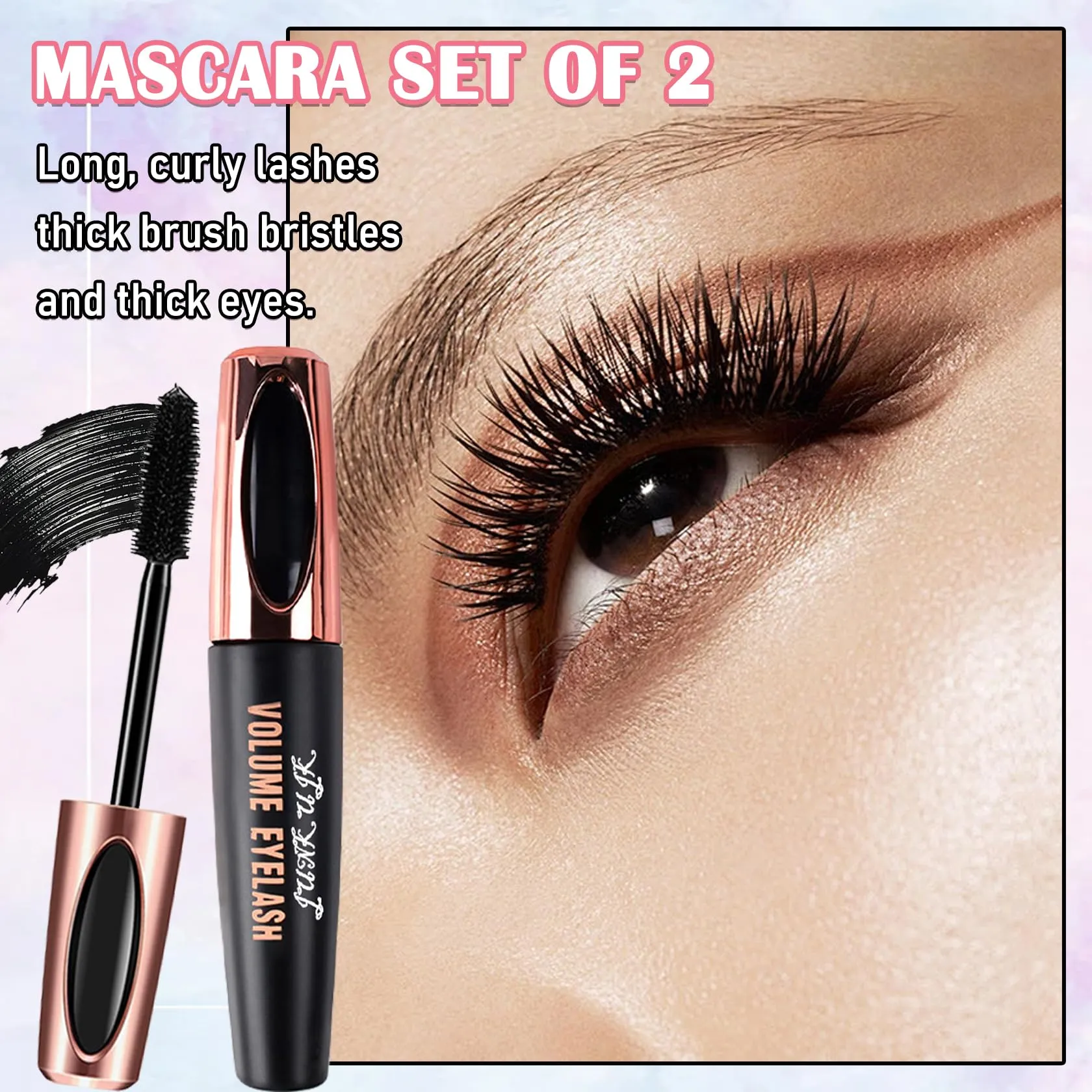 2 Pack 4D Silk Fiber Lash Mascara,Lengthening and Thick,Long Lasting Waterproof Mascara Set for Women,All Day Smudge-Proof Mascara Volume and Length