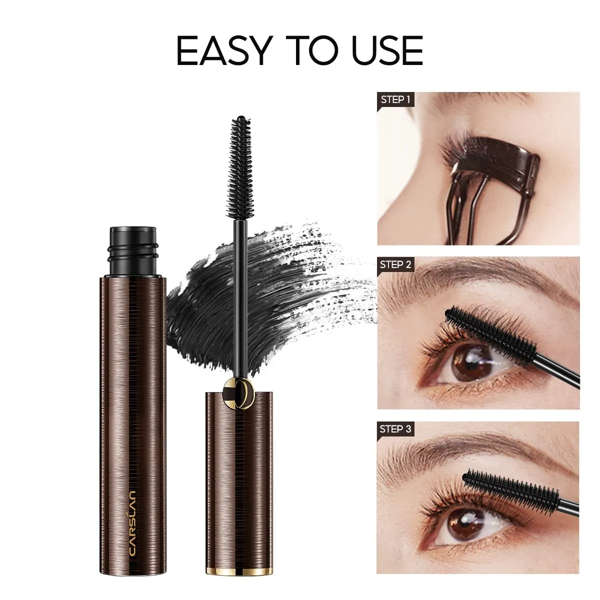 CARSLAN Lengthening Mascara Liquid Volumizing Lash Washable Long Wear Mascara Waterproof Eyeliner Build Big Bad Eye Makeup, No Clump, Smudgeproof, Black, 2 count