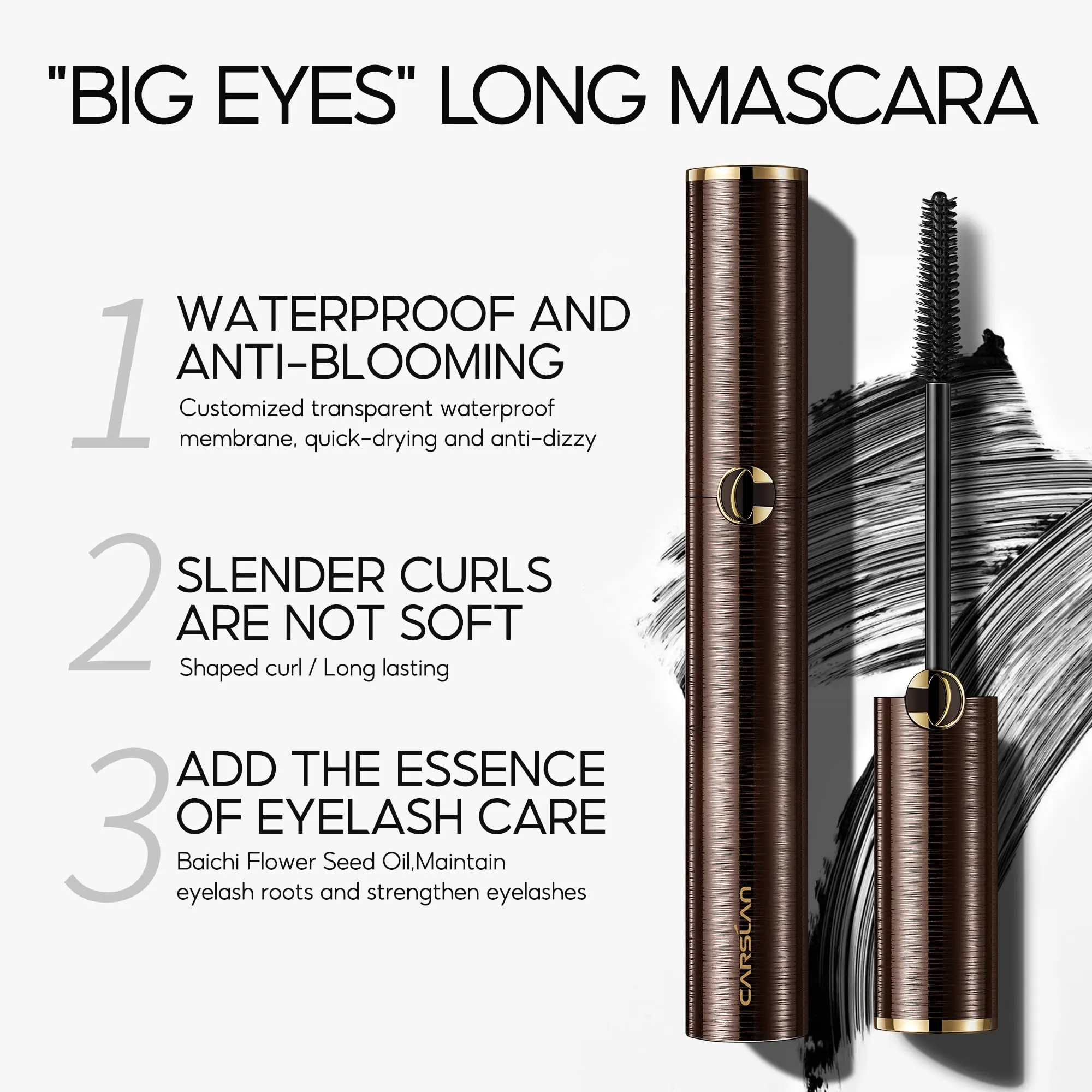 CARSLAN Lengthening Mascara Liquid Volumizing Lash Washable Long Wear Mascara Waterproof Eyeliner Build Big Bad Eye Makeup, No Clump, Smudgeproof, Black, 2 count