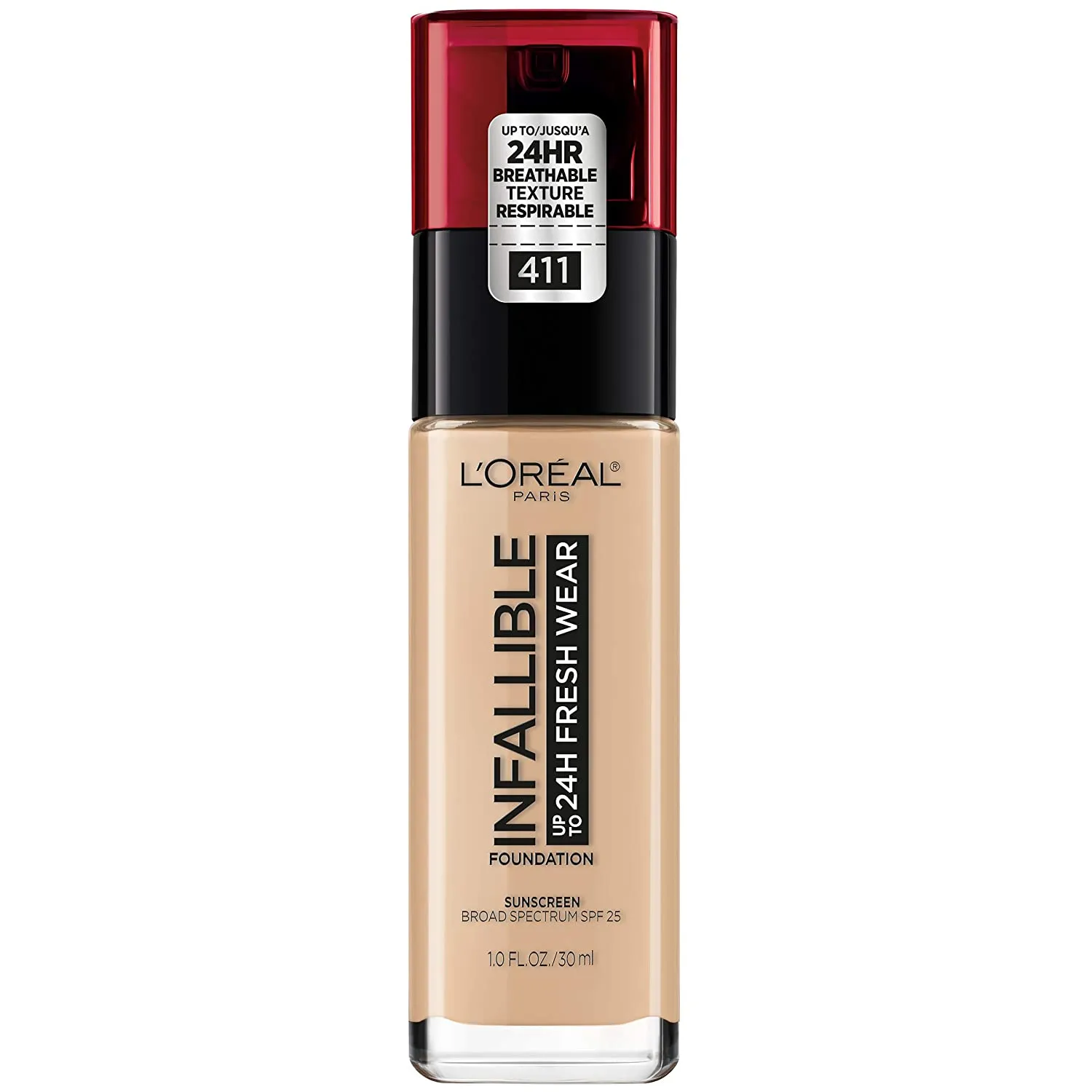 L'OREAL - Infallible 24 Hour Fresh Wear Foundation Lightweight Beige Ivory 411 - 1 fl oz (30 ml)